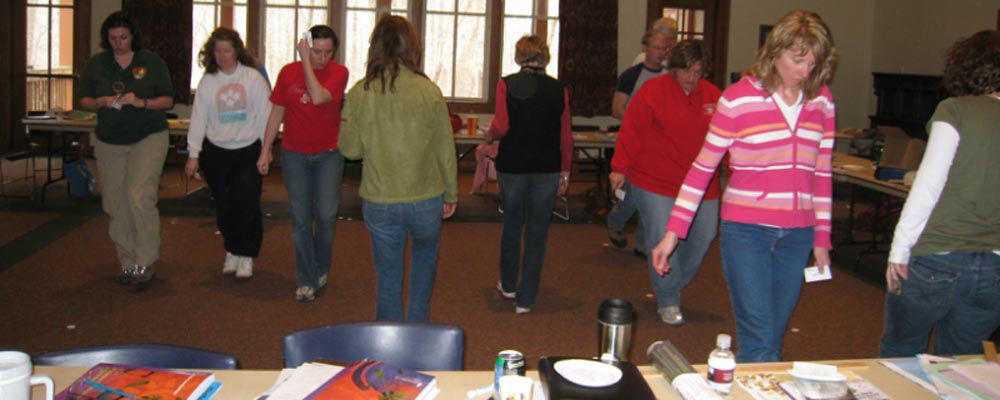 Teachers participating in an activity at a teacher workshop.